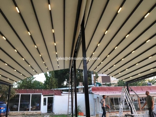 Outdoor electric LED retractable roof pergola and pergola components