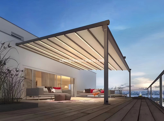 Outdoor electric LED retractable roof pergola and pergola components