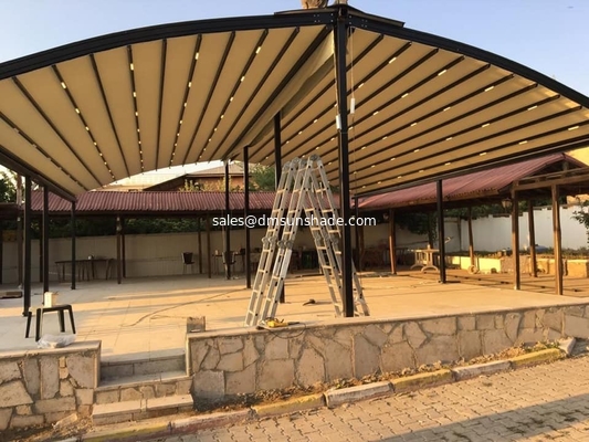 Outdoor electric LED retractable roof pergola and pergola components